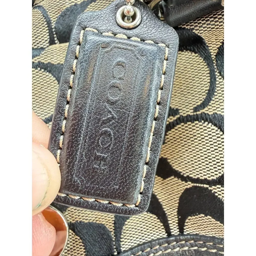 Coach Signature C Canvas Satchel Shoulder Handbag Khaki Black Leather Trim